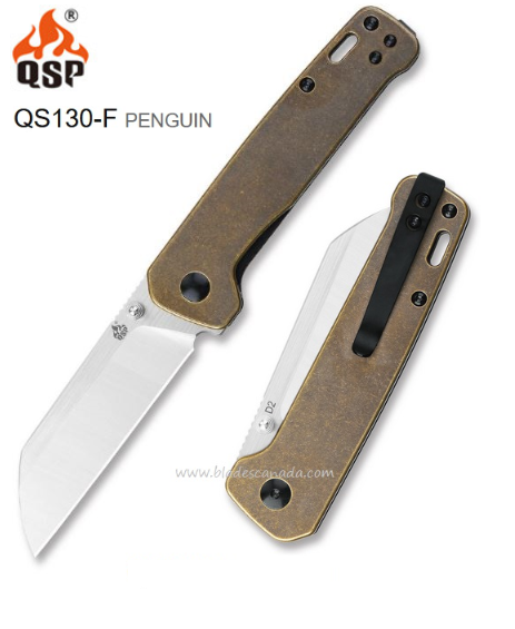 QSP Penguin Folding Knife, D2 Steel, Brass Handle, QS130-F